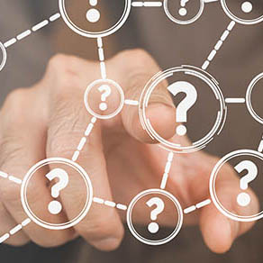 Person touching a question icon on a virtual screen