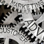 Macro photo of tooth wheel mechanism with ADVERTISING, SALES, PLAN, CREATIVITY, CUSTOMER, MARKETING concept words