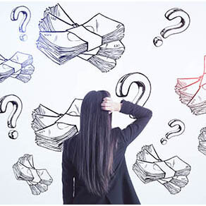 Money search and idea concept with pensive woman back view looking at white wall with handwritten sketch of money packs and question marks