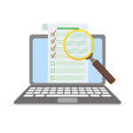 Cartoon graphic image of laptop with magnified glass and paper over it