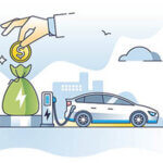 Drawing of electric car plugged in to charging station with a hand putting coins in to a money bag