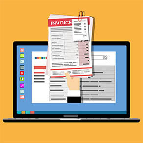 Laptop computer screen graphic image with a hand reaching out of the screen holding an invoice