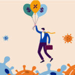 Cartoon business man floating over virus like icons with balloons with dollar and percent signs on them