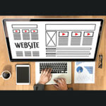 Oversized monitor with the graphics and the word "website" on it, and hands typing on a keyboard