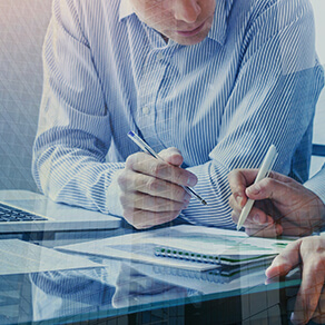 Two business people working together in the office, teamwork background banner, double exposure