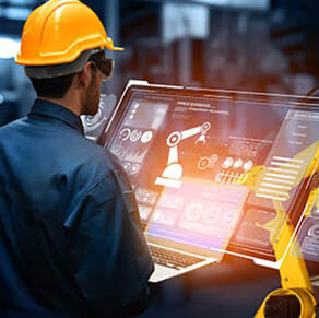 Smart industry robot arms for digital factory production technology showing automation manufacturing process of the Industry 4.0 or 4th industrial revolution and IOT software to control operation .