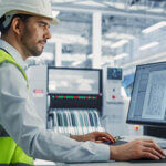 Male electrical engineer works on desktop computer