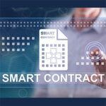 Computer image reading "smart contract" with paper icon overlaid with a man in a dress shirt