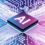 AI microprocessor on motherboard computer circuit, Artificial intelligence integrated inside Central Processors Unit or CPU chip, 3d rendering futuristic digital data technology concept background