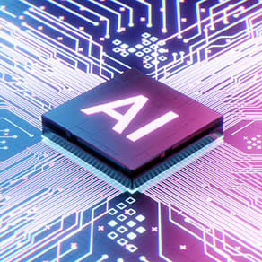 AI microprocessor on motherboard computer circuit, Artificial intelligence integrated inside Central Processors Unit or CPU chip, 3d rendering futuristic digital data technology concept background