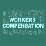 Workers compensation program word concepts banner. Protection employer legal right. Infographics with linear icons on dark green background. Isolated typography. Vector outline RGB color illustration
