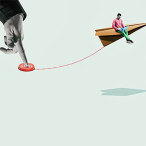 Hand with finger on a red button with string to a paper airplane with person riding on it