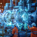 Factory workers examine digital twin model for machinery optimization in manufacturing plant