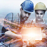Future building construction engineering project concept with double exposure graphic design. Building engineer, architect people or construction worker working with modern civil equipment technology.