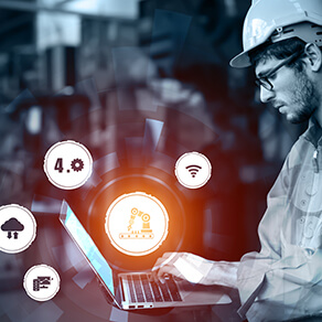 Engineering technology and industry 4.0 smart factory concept with icon graphic showing automation system by using robots and automated machinery controlled via internet network .