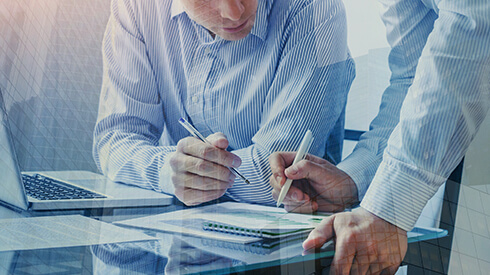 A couple business people working together in the office, teamwork background banner, double exposure