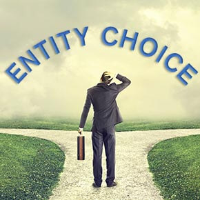 Man with briefcase in one hand and other hand on head with two paths of entity choice