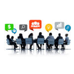 Drawing of people sitting at a business board table with thought bubbles over their head containing graphics of charts
