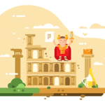 A gladiator holding a sword standing on top of a roman type building