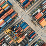 A top view of multi colored freight cars